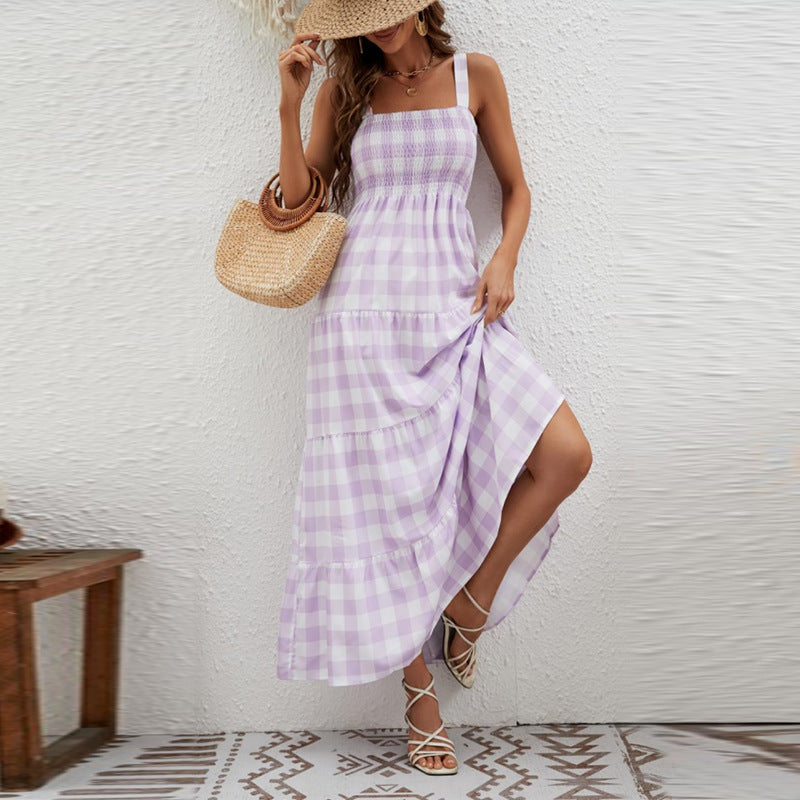 Damen Maxikleid mit Karo-Muster und elastischem Oberteil R&B