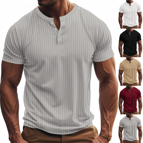 Herren Kurzarm Henley-Shirt mit Streifenmuster und praktischen Knöpfen R&B