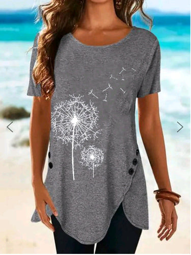 Damen Kurzarmshirt mit asymmetrischem Saum und Dandelion-Print R&B