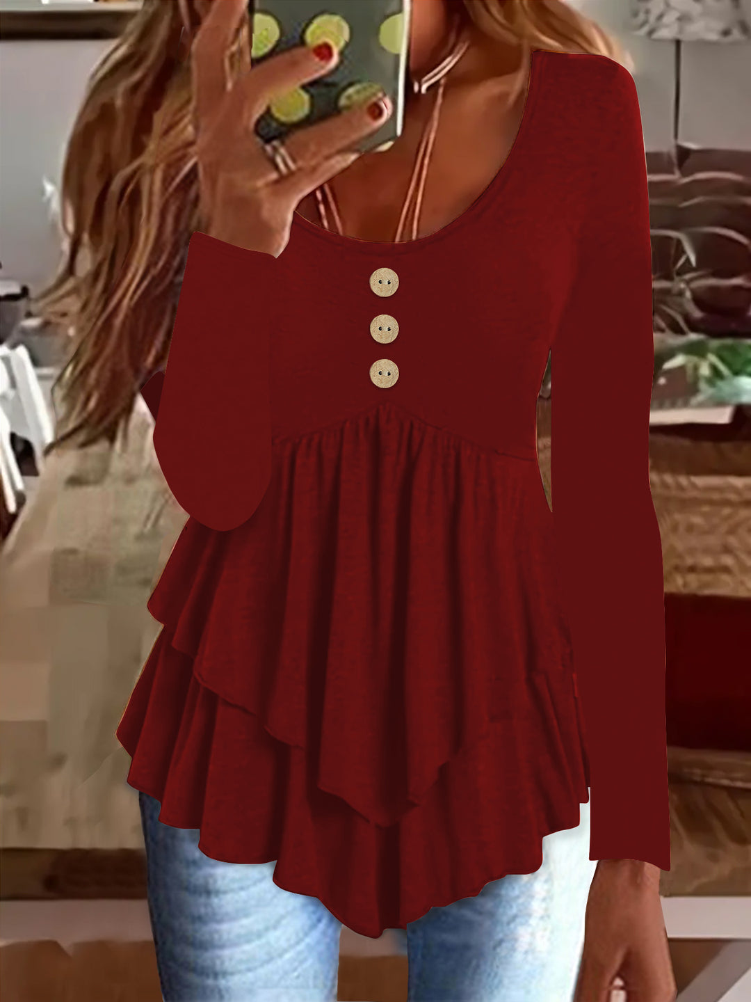 Damen Langarm Blusenshirt mit mehrlagigem Design und dekorativen Knopfdetails R&B