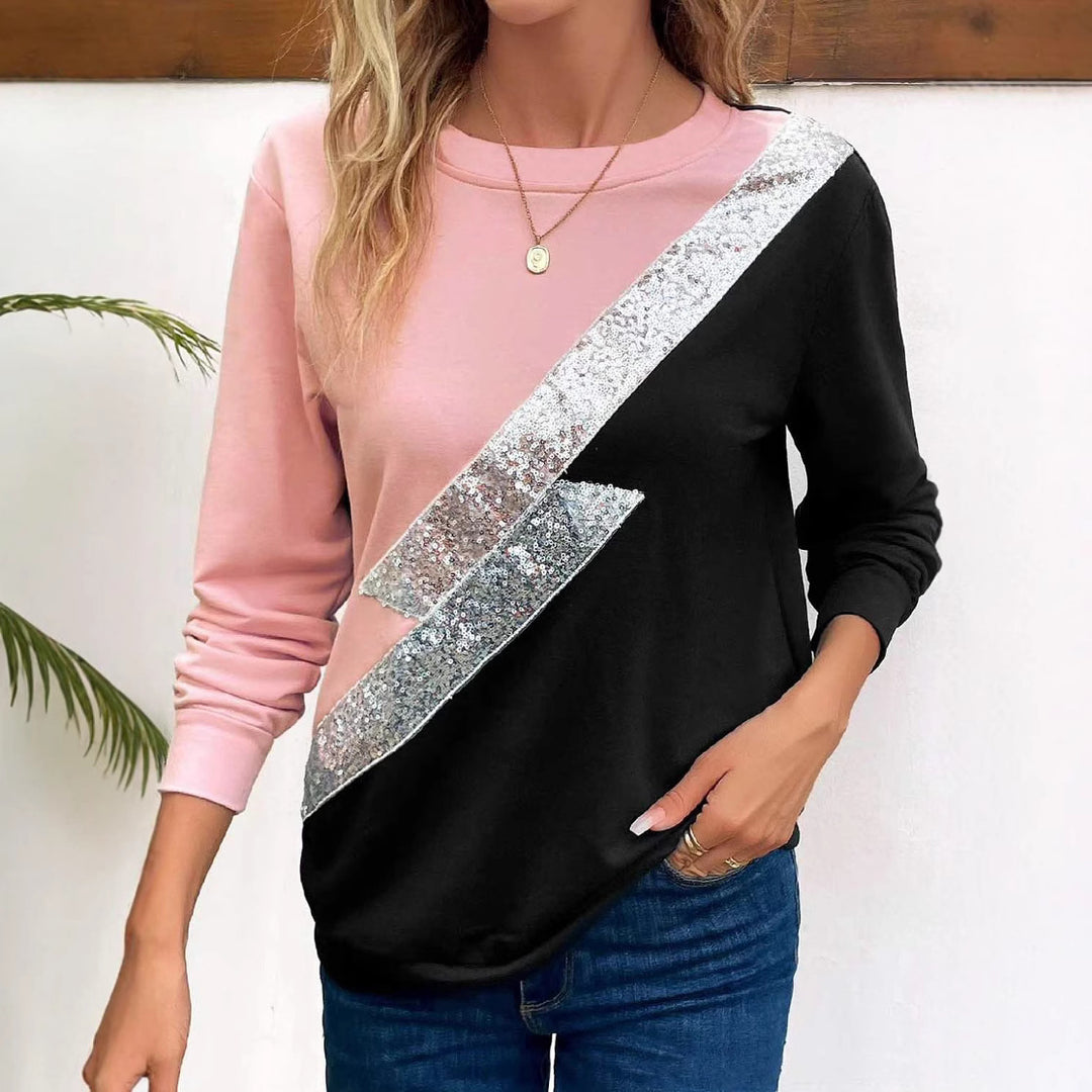 Damen lässiger Sweatshirt mit funkelndem Pailletten-Design und modernem Farbkontrast R&B