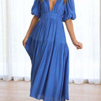 Damen Maxikleid mit tiefem V-Ausschnitt und schwingendem Rock R&B