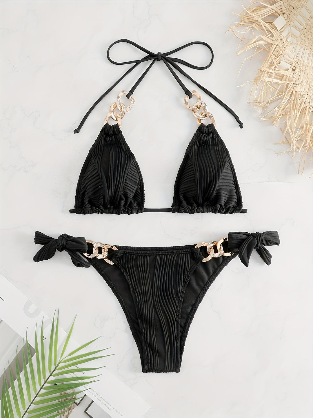 Damen Bikiniset mit luxuriösen Rüschen und goldenen Kettenakzenten R&B