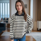 Damen lässiger Pullover mit strukturellem Streifenmuster und modischem Kragen R&B
