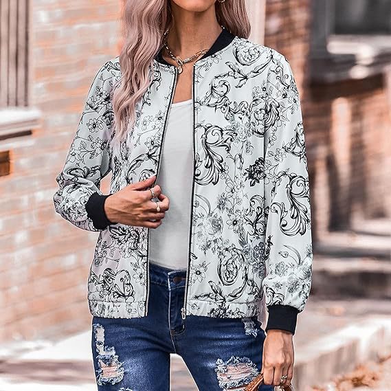 Damen Bomberjacke mit floralen Motiven und elastischen Bündchen R&B