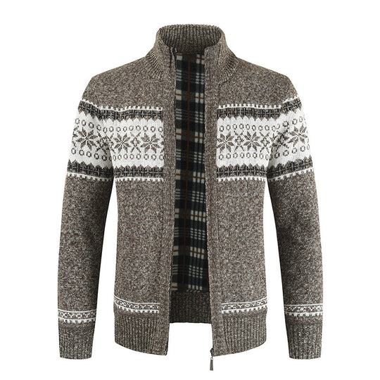 Herren Strickjacke mit modernem Norweger-Muster und hohem Kragen R&B