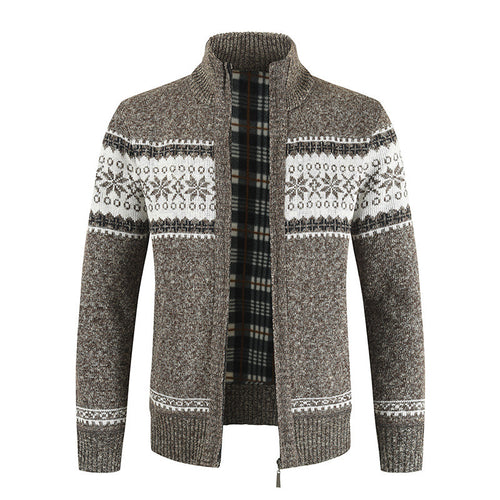 Herren Strickjacke mit modernem Norweger-Muster und hohem Kragen R&B