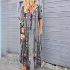 Damen nan besticktes Maxikleid mit langen Ärmeln, Quastenverschluss und folkloristischer Stickerei R&B