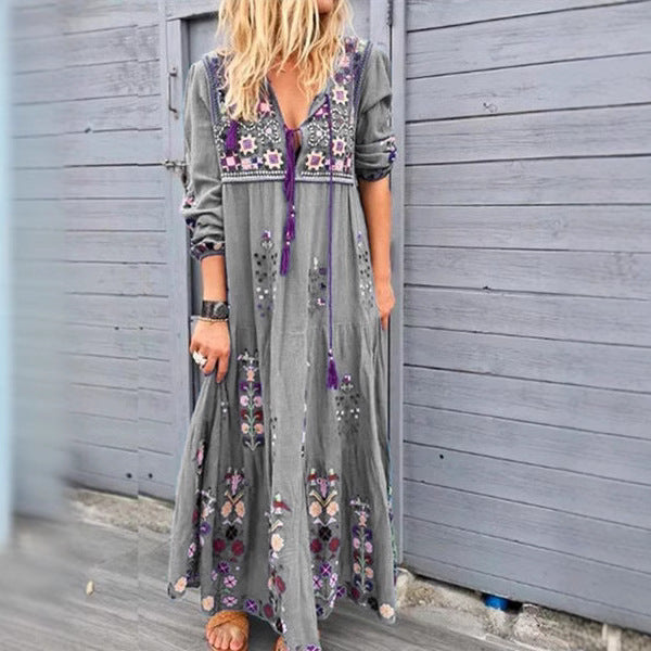 Damen nan besticktes Maxikleid mit langen Ärmeln, Quastenverschluss und folkloristischer Stickerei R&B