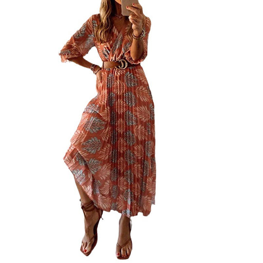 Damen Maxikleid mit eleganter Taillierung und floralem Blätterdesign R&B