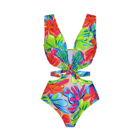 Damen Einteiler Badeanzug mit raffinierten Cut-Out-Details und floralem Design R&B