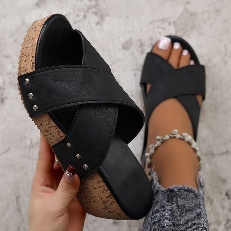 Damen Wedge-Pantoletten mit verstellbarem Riemendesign und Korkabsatz R&B