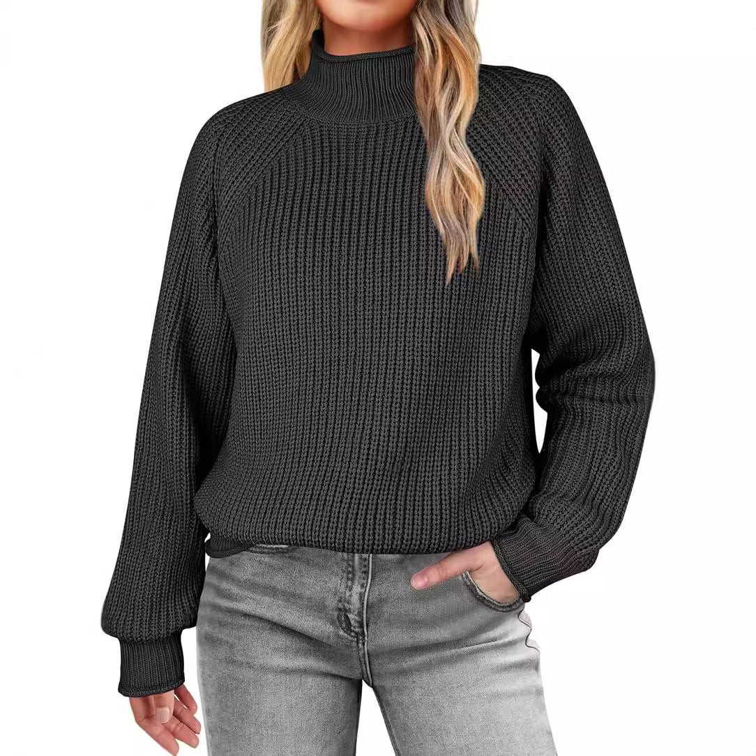Damen modischer Strickpullover mit hohem Kragen und strukturierter Oberfläche R&B
