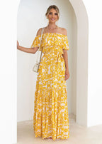 Damen Off-Shoulder Maxikleid mit voluminösem Rüschendesign und elastischem Taillenbund R&B