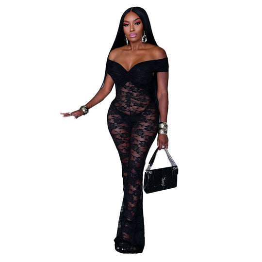 Damen Eleganter Spitzen-Jumpsuit mit schulterfreiem Design R&B