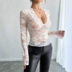 Damen nan tailliertes Spitzenshirt mit tiefem V-Ausschnitt, floraler Netzspitze und langen Ärmeln R&B