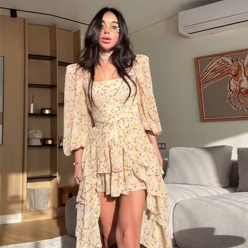 Damen Sommerkleid mit Rüschen und eleganten Puffärmeln R&B