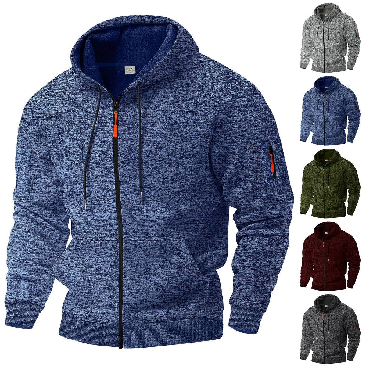 Herren nan melierte Reißverschluss-Kapuzenjacke mit Kängurutasche, Ärmeltasche und gerippten Bündchen R&B