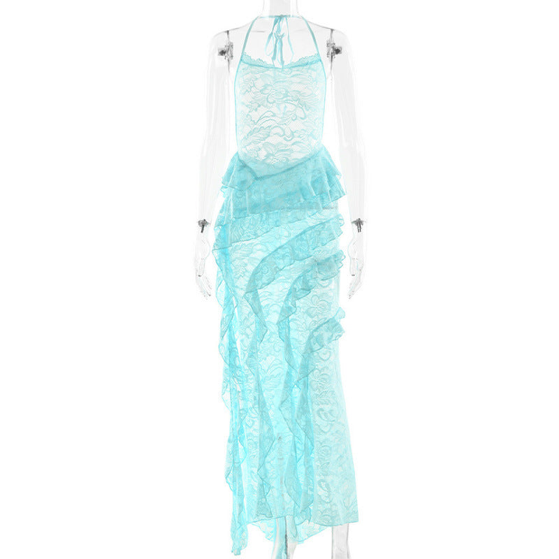 Damen verführerisches Spitzenkleid mit asymmetrischem Saum und Rüschendetails R&B