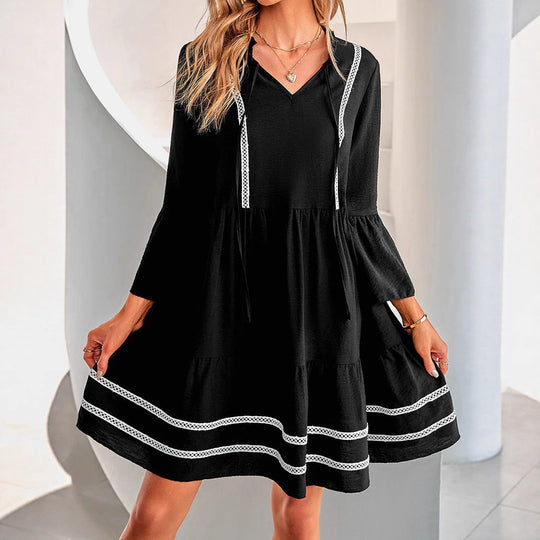 Damen lässiges Freizeitkleid mit V-Ausschnitt und dekorativem Spitzenbesatz R&B