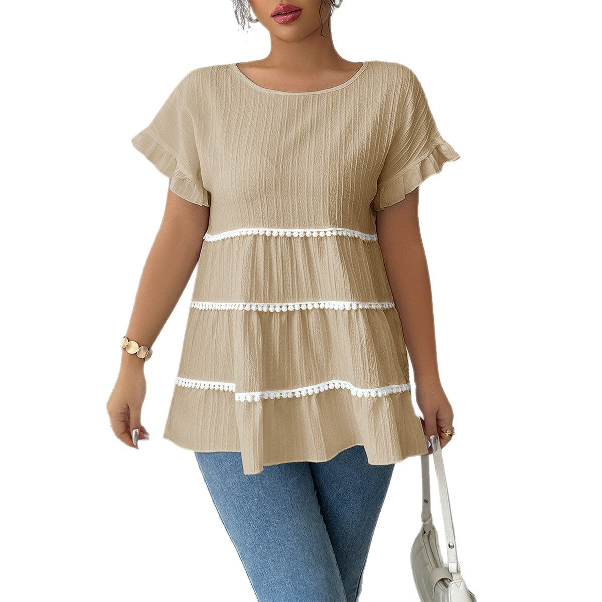 Damen Rüschenshirt mit dekorativen Borteinsätzen R&B