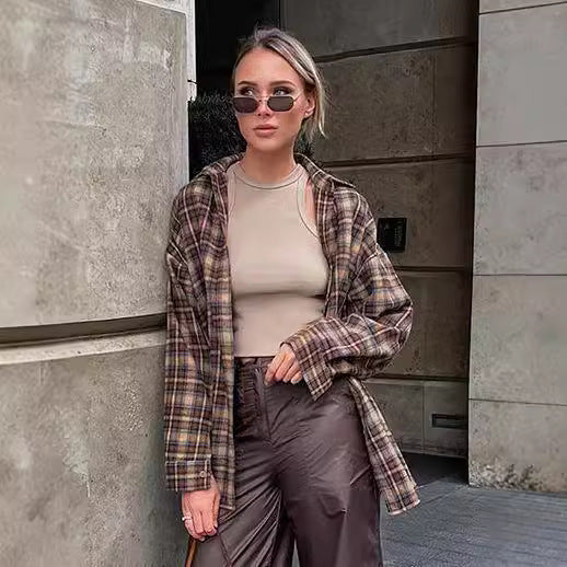 Damen Kariertes Overshirt im lässigen Schnitt mit übergroßen Ärmeln
