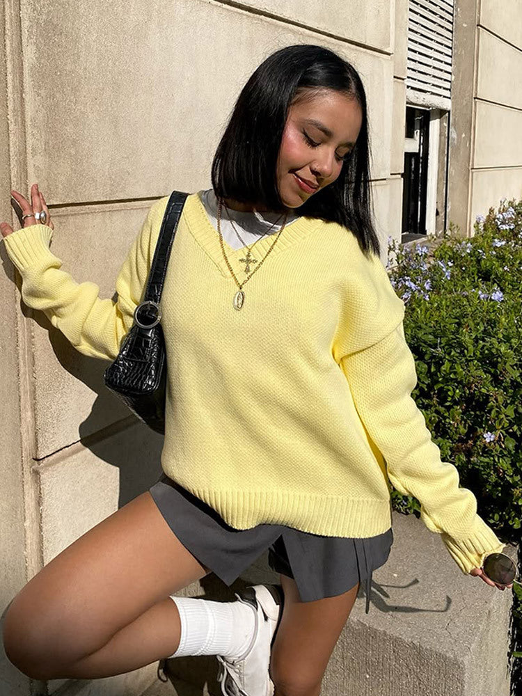 Damen Oversized Strickpullover mit V-Ausschnitt und lässigem Schnitt R&B