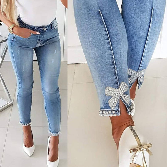 Damen Skinny Jeans mit Perlen- und Schleifendetails R&B