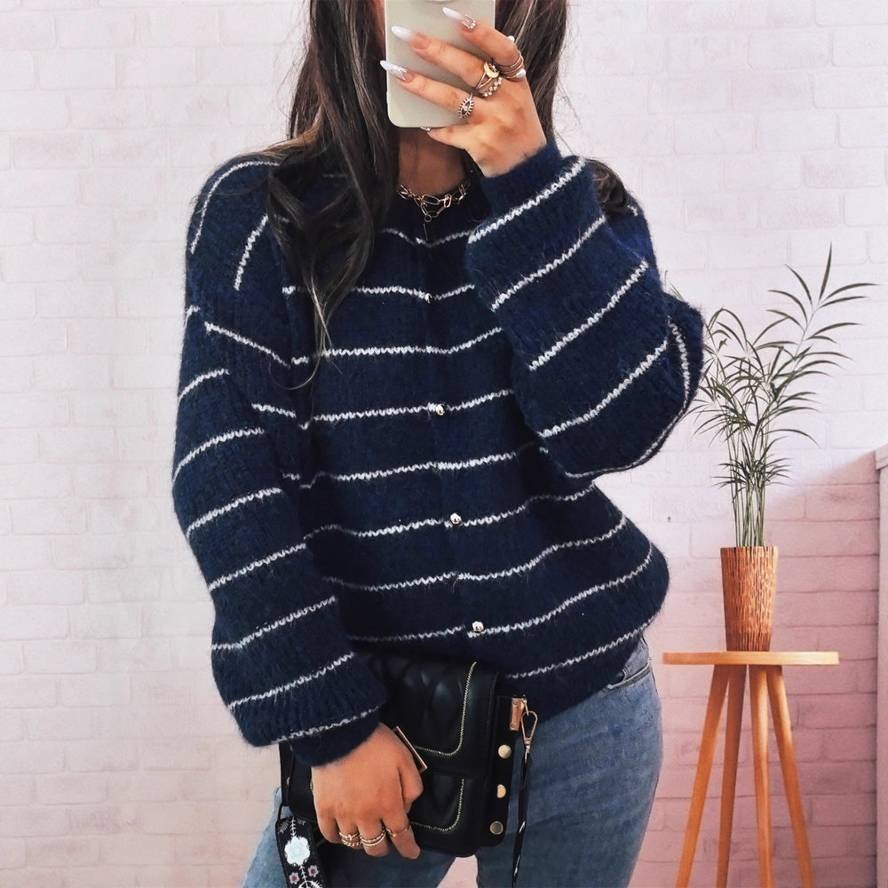 Damen gemütliche Strickjacke mit elegantem Streifenmuster und schimmernden Knöpfen R&B