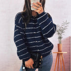 Damen gemütliche Strickjacke mit elegantem Streifenmuster und schimmernden Knöpfen R&B