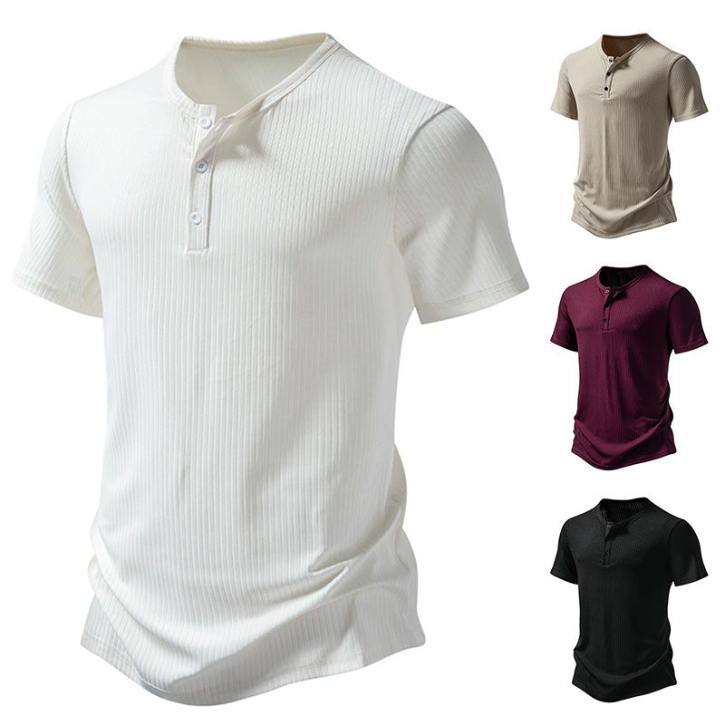 Herren stylisches Kurzarm-Henley-Shirt mit strukturiertem Design und zwei Knopf-Details R&B