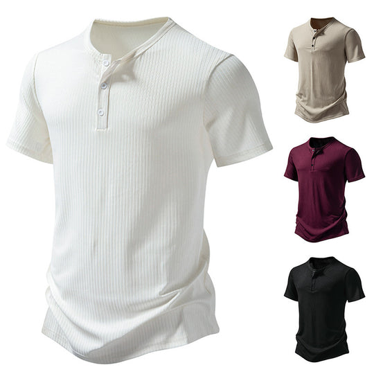 Herren stylisches Kurzarm-Henley-Shirt mit strukturiertem Design und zwei Knopf-Details R&B