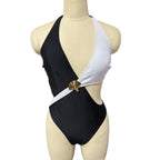 Damen Eleganter einteiliger Badeanzug mit asymmetrischem Design und goldener Schnalle R&B