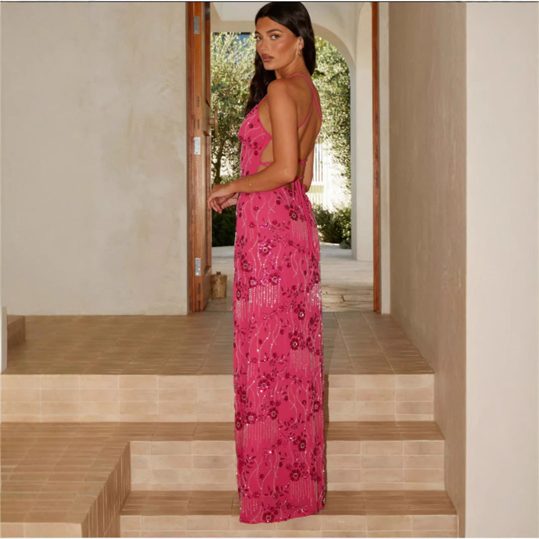 Damen Elegantes Maxikleid mit floralem Perlenstick und feinen Spaghetti-Trägern R&B