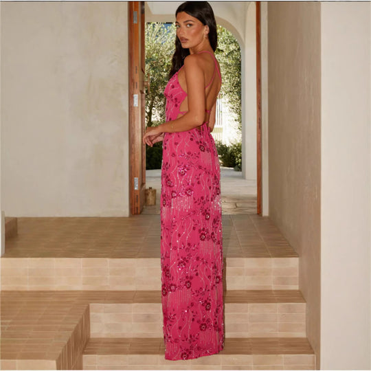 Damen Elegantes Maxikleid mit floralem Perlenstick und feinen Spaghetti-Trägern R&B
