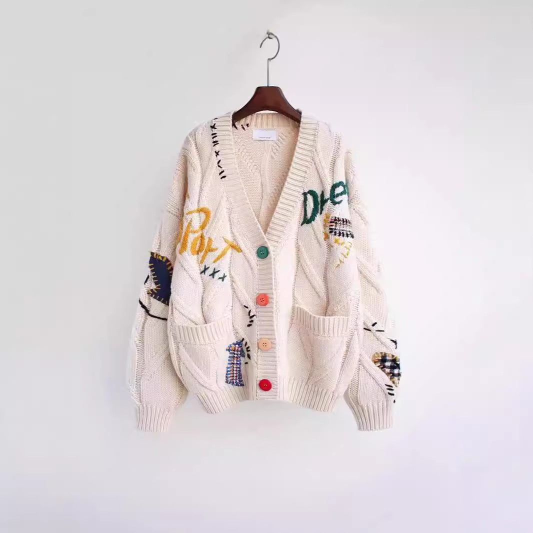 Damen Strickjacke mit buntem Motiv und praktischen Taschen R&B