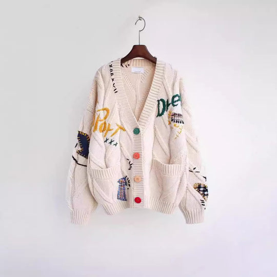 Damen Strickjacke mit buntem Motiv und praktischen Taschen R&B