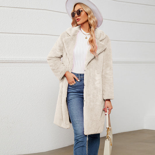 Damen Eleganter Kunstpelzmantel mit tiefem Kragen R&B