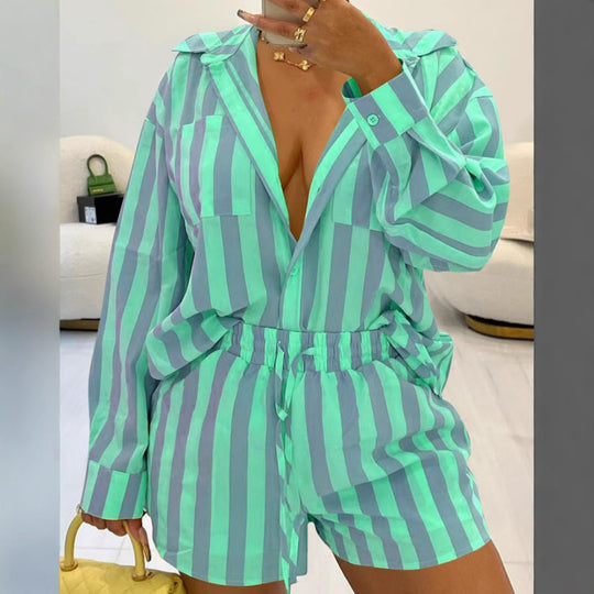 Damen Schlafanzug Set mit gestreiftem Design R&B