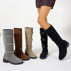 Damen Overkneestiefel mit modischen Schnallen und robustem Profilsohle R&B