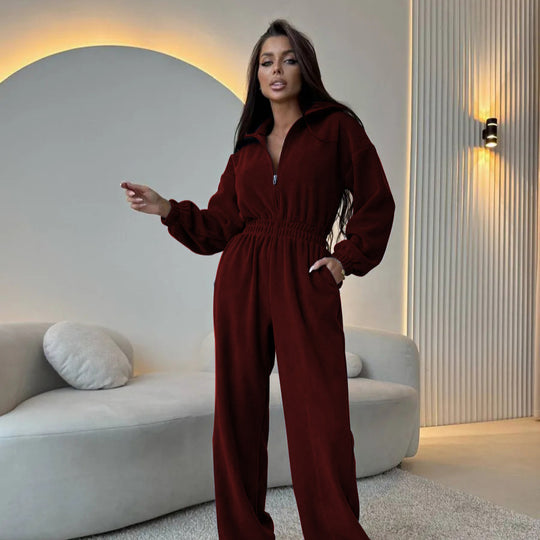Damen lässiger Jumpsuit mit hohem Kragen und verstellbarem Bund R&B