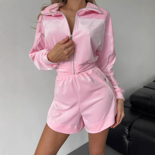 Damen sportliches Fleece-Crop-Set mit Reißverschluss und Druckknöpfen R&B