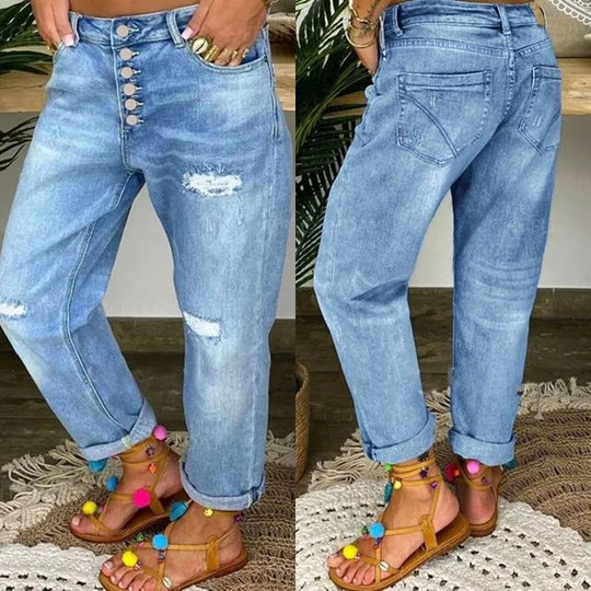 Damen Boyfriend Jeans mit Knopfverschluss und Distressed-Details R&B