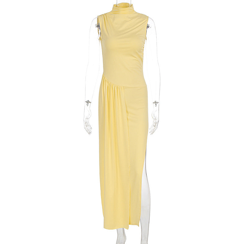 Damen elegantes Maxikleid mit asymmetrischem Schnitt und hohem Schlitz R&B