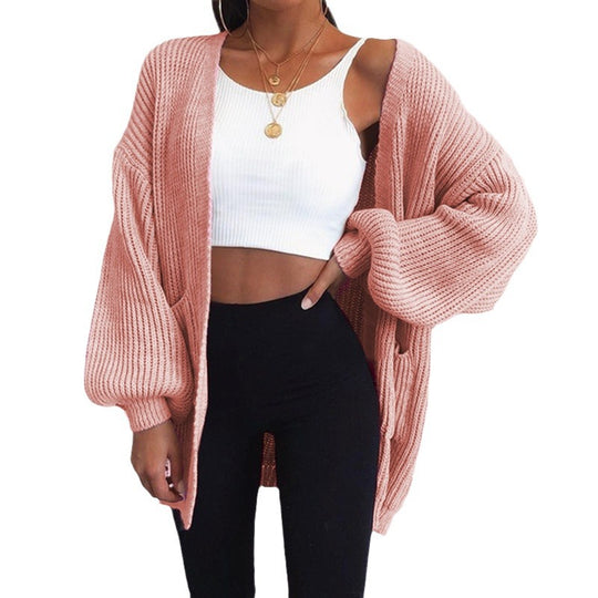 Damen Grobstrick-Cardigan mit weitem Schnitt und lässigen Puffärmeln R&B