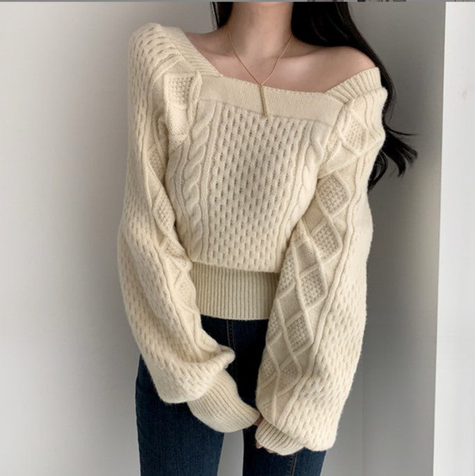 Damen Grobstrickpullover mit modernen Zopfdetails und quadratischem Ausschnitt R&B