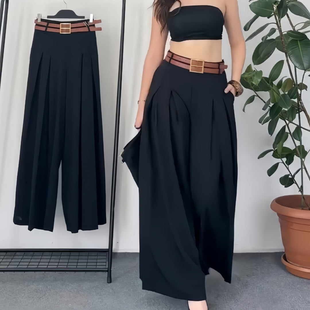 Damen Weite Plissee-Hose mit modernem Gürtel R&B