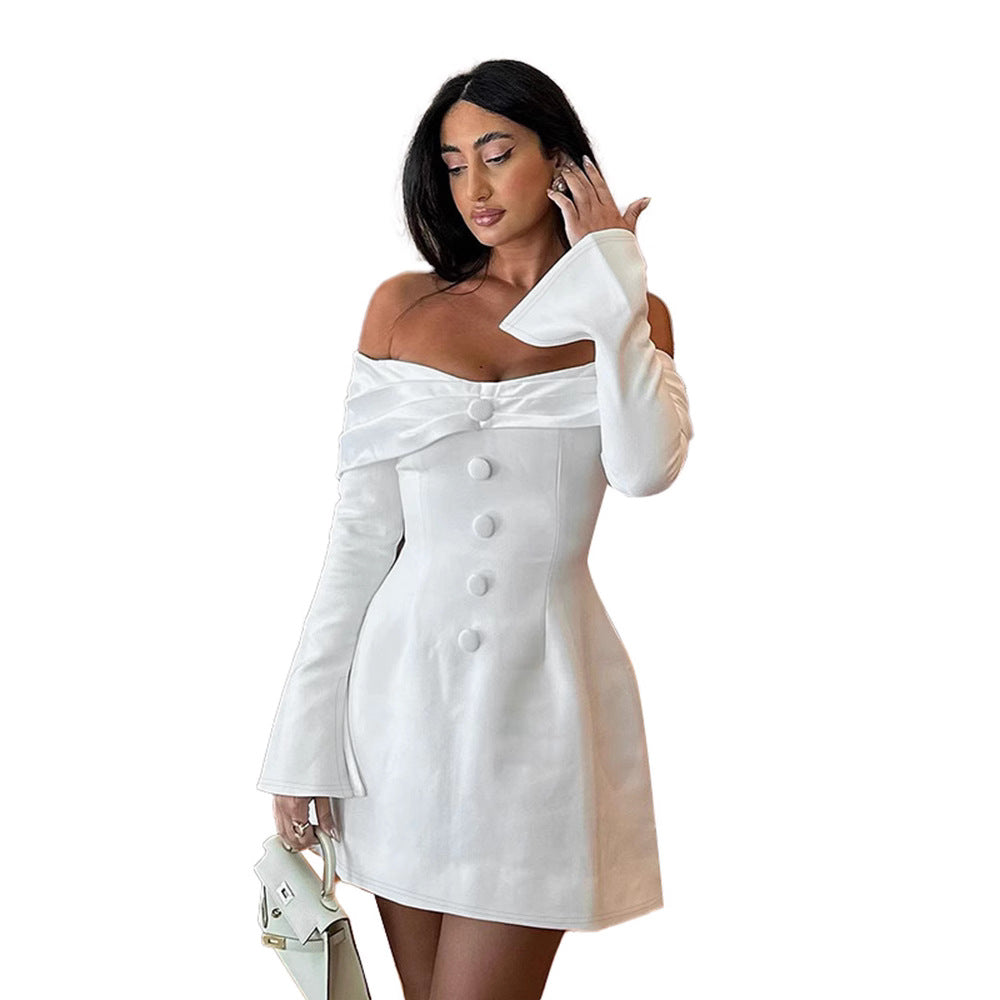 Damen schulterfreies Abendkleid mit elegantem Knopfdetail und weitem Rock R&B