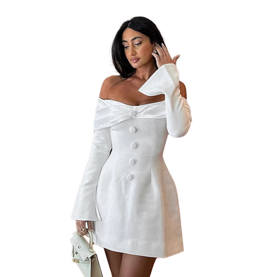 Damen schulterfreies Abendkleid mit elegantem Knopfdetail und weitem Rock R&B