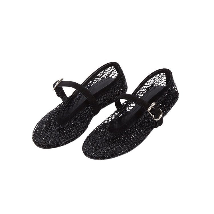 Damen elegante Ballerina-Schuhe mit dekorativem Riemchen und funkelnden Akzenten R&B